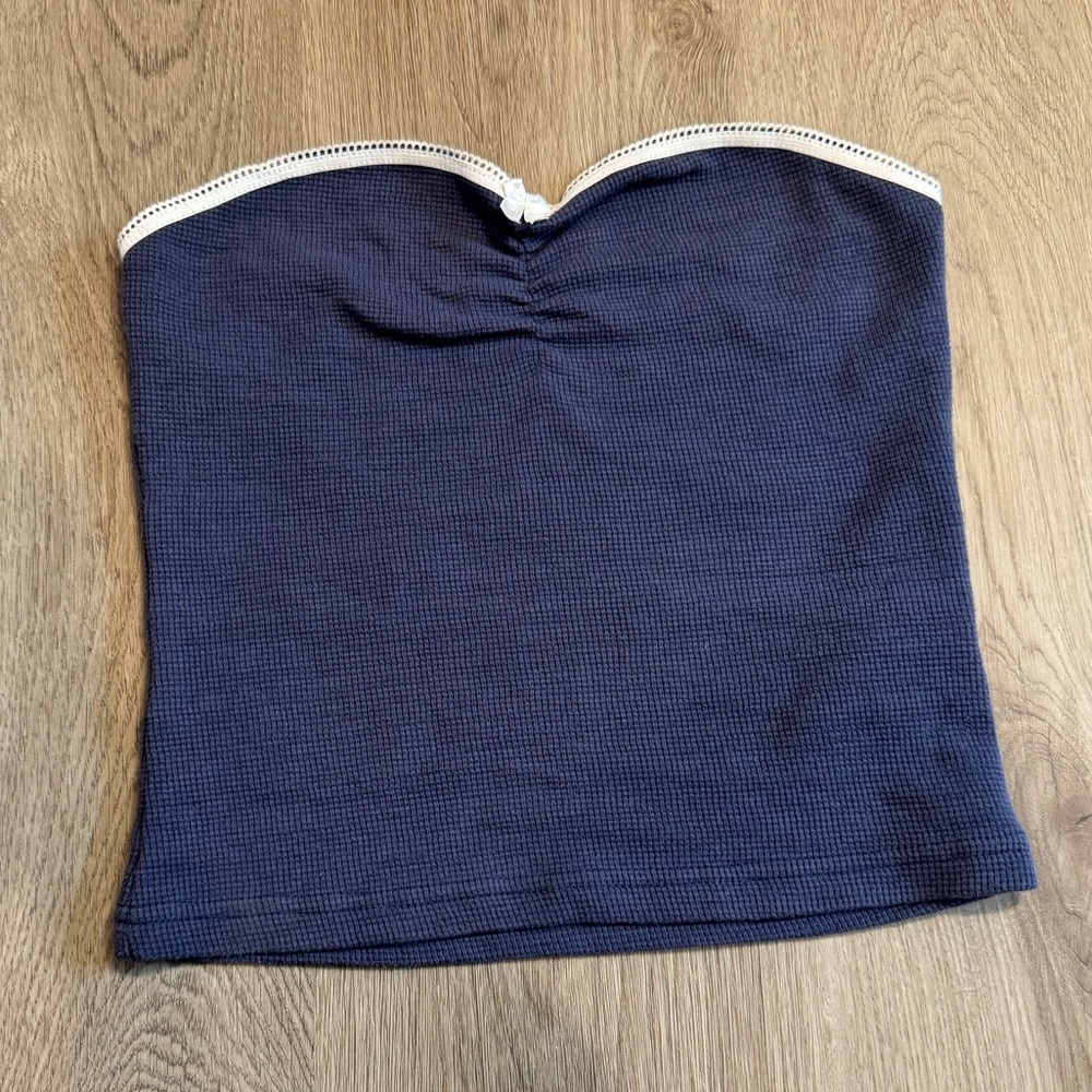 Edikted Dark Blue Tube Top with White Trim and Bow Y2K